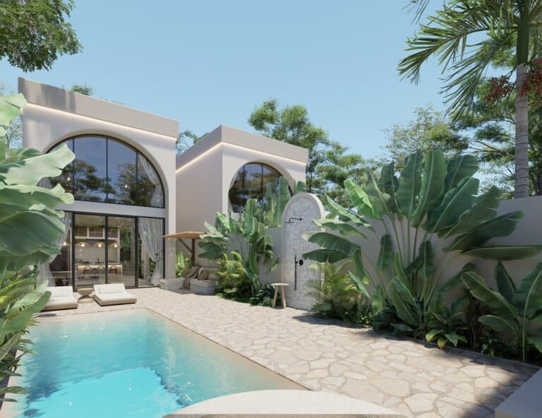 Modern villa with pool and tropical greenery.