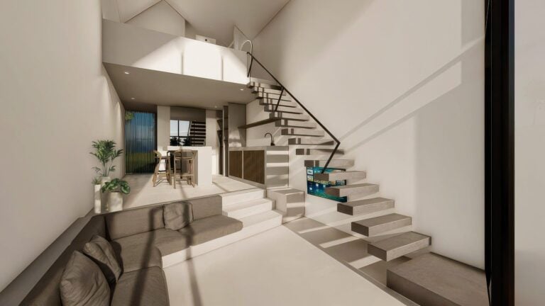 Modern interior with floating stairs and minimalist decor.