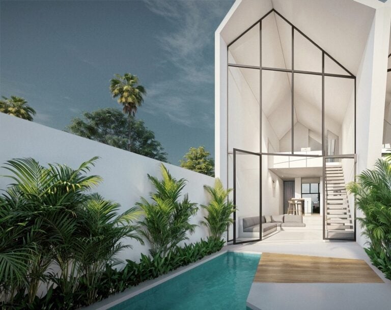 Modern house with pool and tropical plants