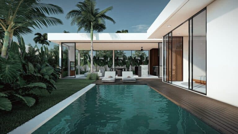 Modern house with pool and lush greenery