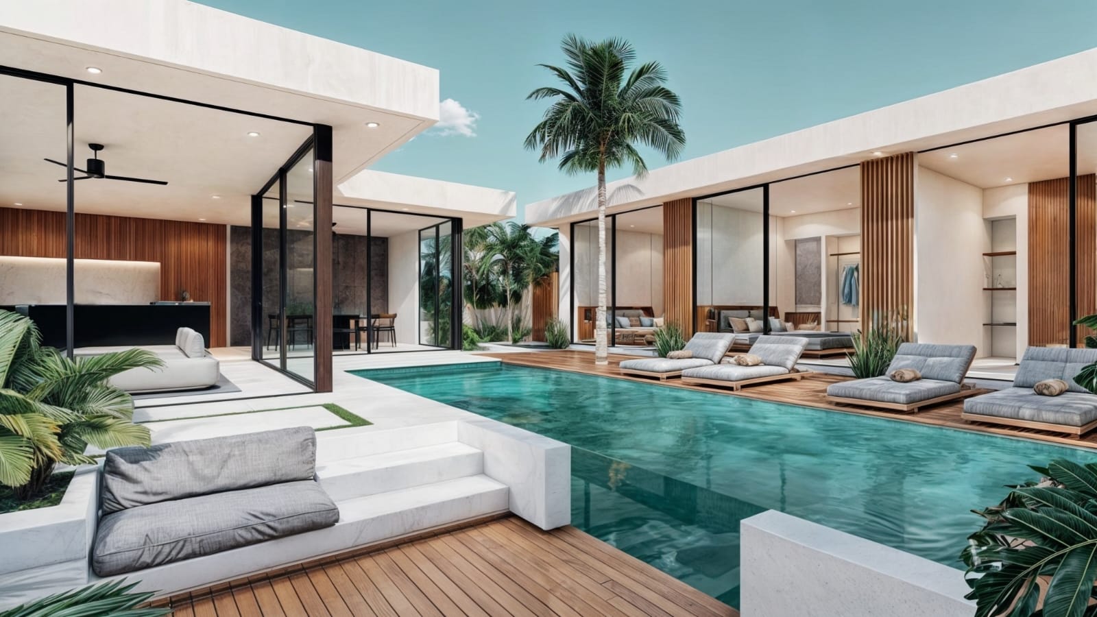 Luxury modern villa with pool and palm trees.