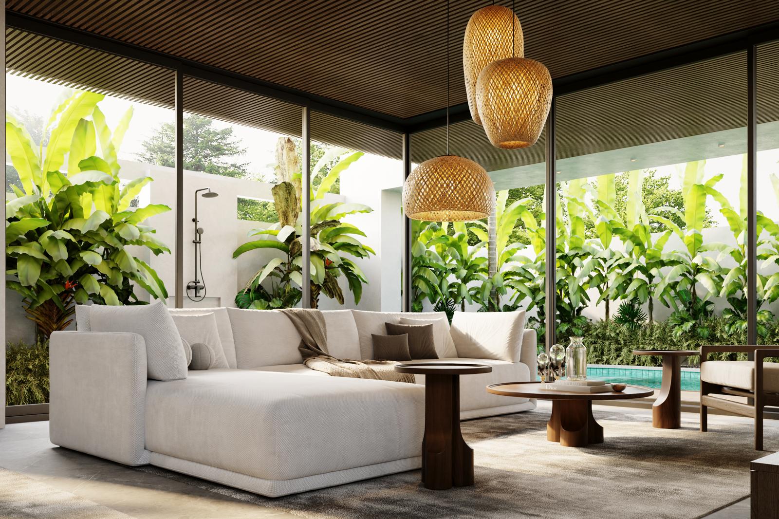 Modern living room with pool and tropical view.