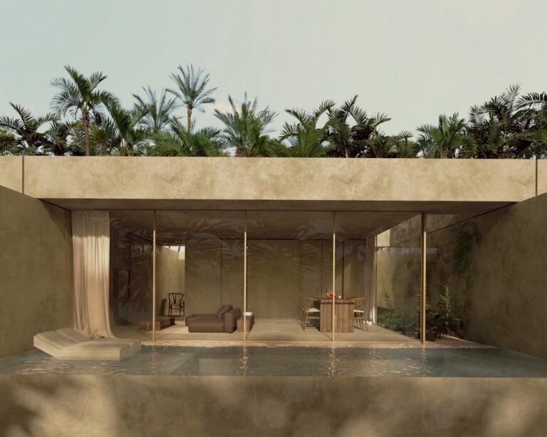 Modern villa with pool and palm trees.