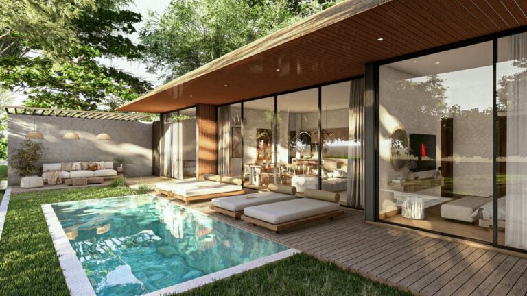 Modern house with pool and outdoor lounge area