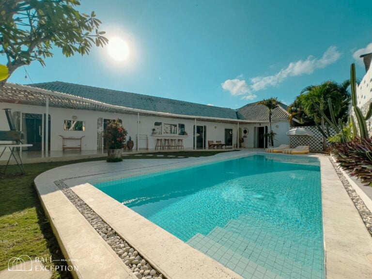 Modern villa with pool under clear sky