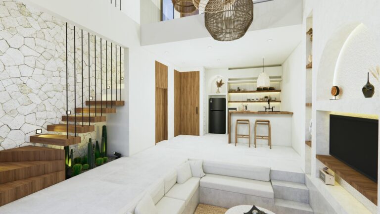 Modern living room with wooden stairs and kitchen