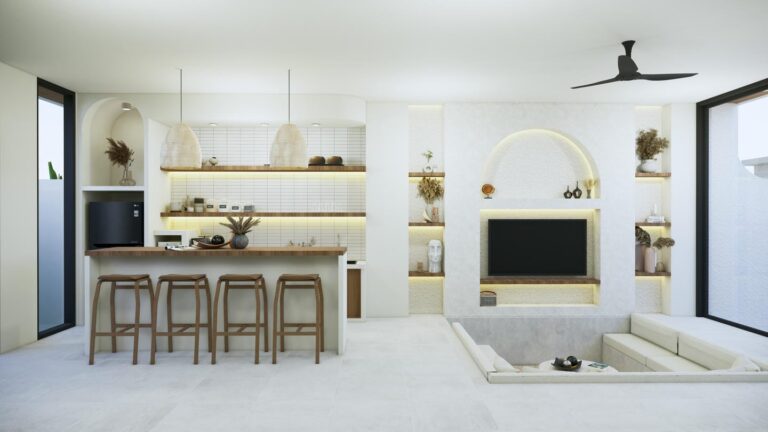 Modern kitchen and living room with minimalist design.