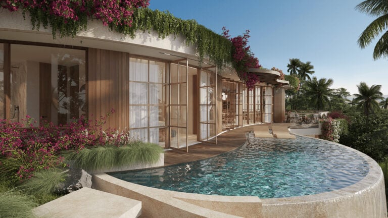 Luxurious villa with infinity pool and tropical garden.