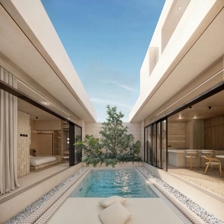 Modern courtyard with pool and open rooms