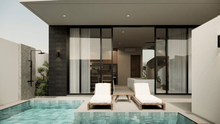 Modern villa with pool and lounge chairs.