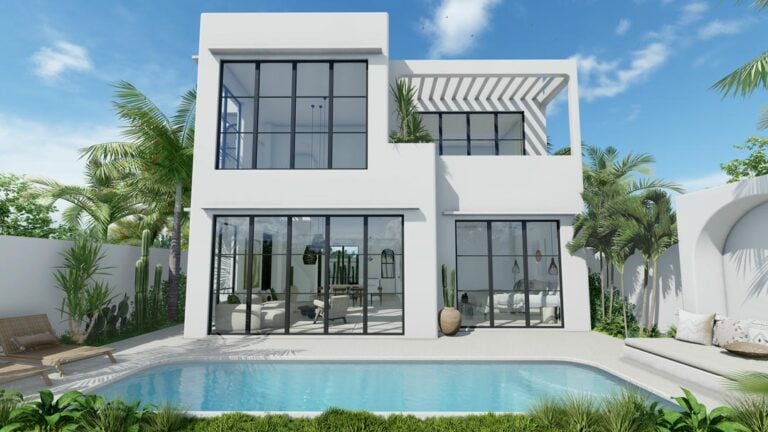 Modern white house with pool and palm trees