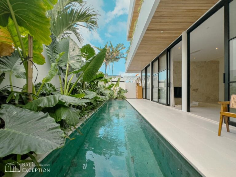 Modern villa with tropical pool and lush greenery.