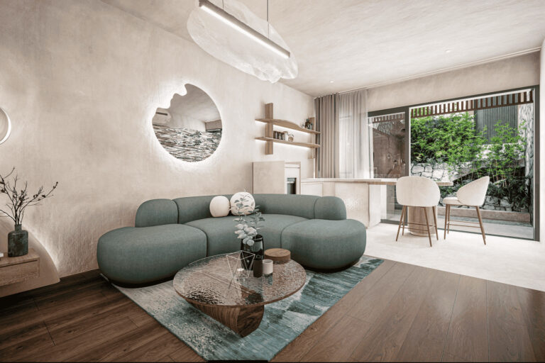 Modern living room with teal sofa and garden view.