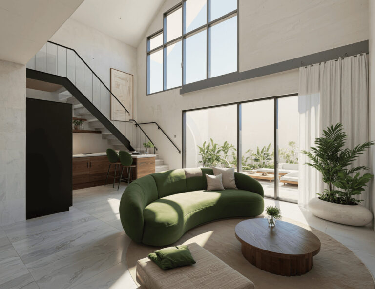 Modern living room with green sofa and large windows.