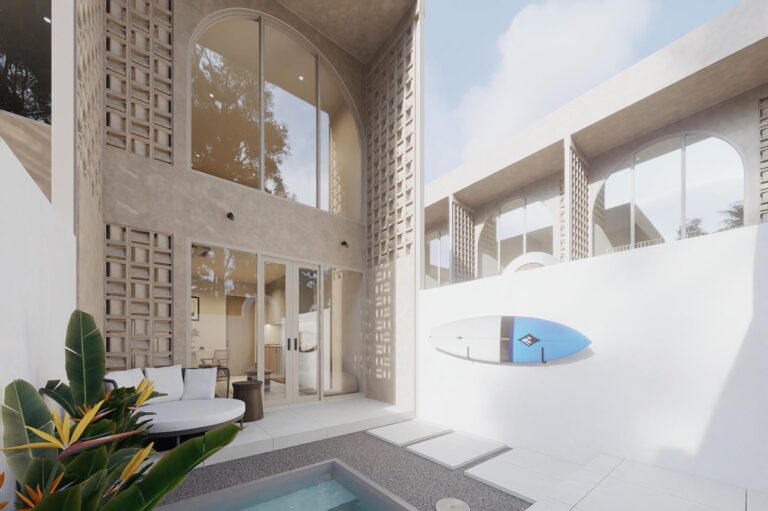 Modern house exterior with pool and surfboard