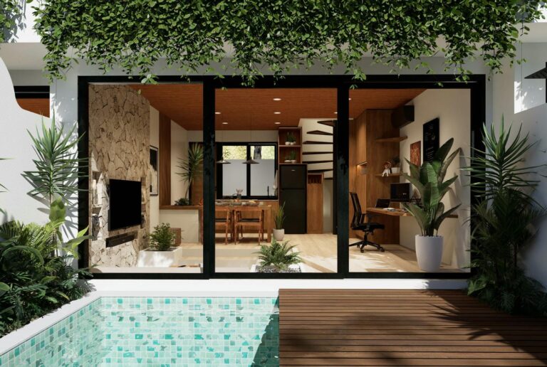 Modern interior with wooden decor and pool view.