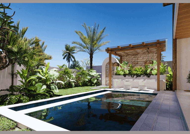 Luxurious backyard with pool and tropical plants.