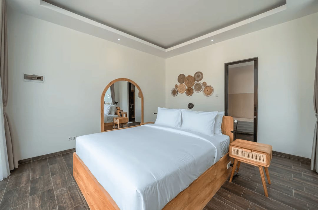 Modern minimalist bedroom with wooden furniture