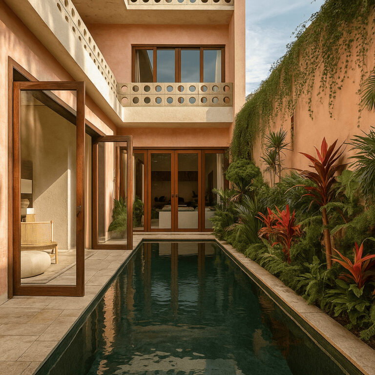 Modern courtyard with pool and lush greenery